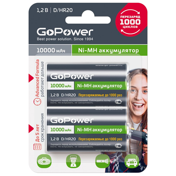 Аккумулятор бытовой GoPower HR20 D BL2 NI-MH 10000mAh (2/12/96) 