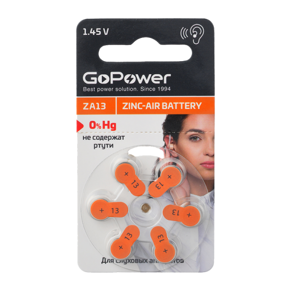 Батарейка GoPower ZA13 BL6 Zinc Air (6/60/600/3000) 