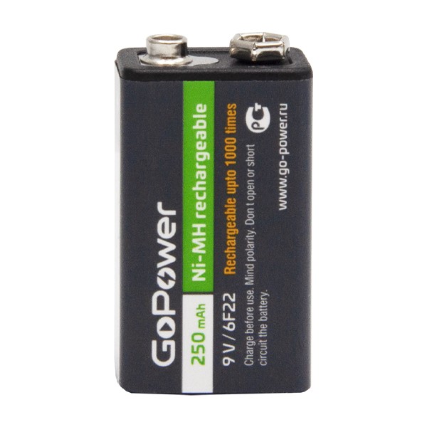 Аккумулятор бытовой GoPower Крона 6F22 BL1 NI-MH 9V 250mAh (1/25/100)