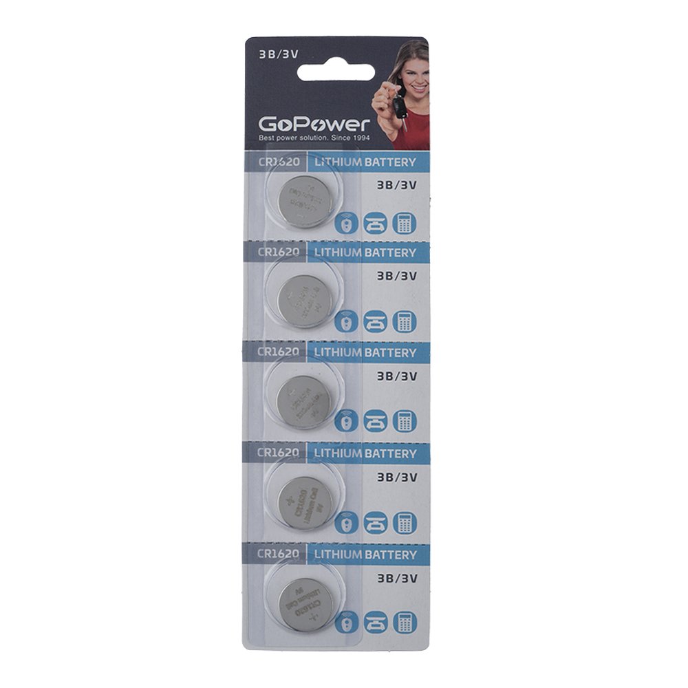 Батарейка GoPower CR1620 BL5 Lithium 3V (5/100/2000) 
